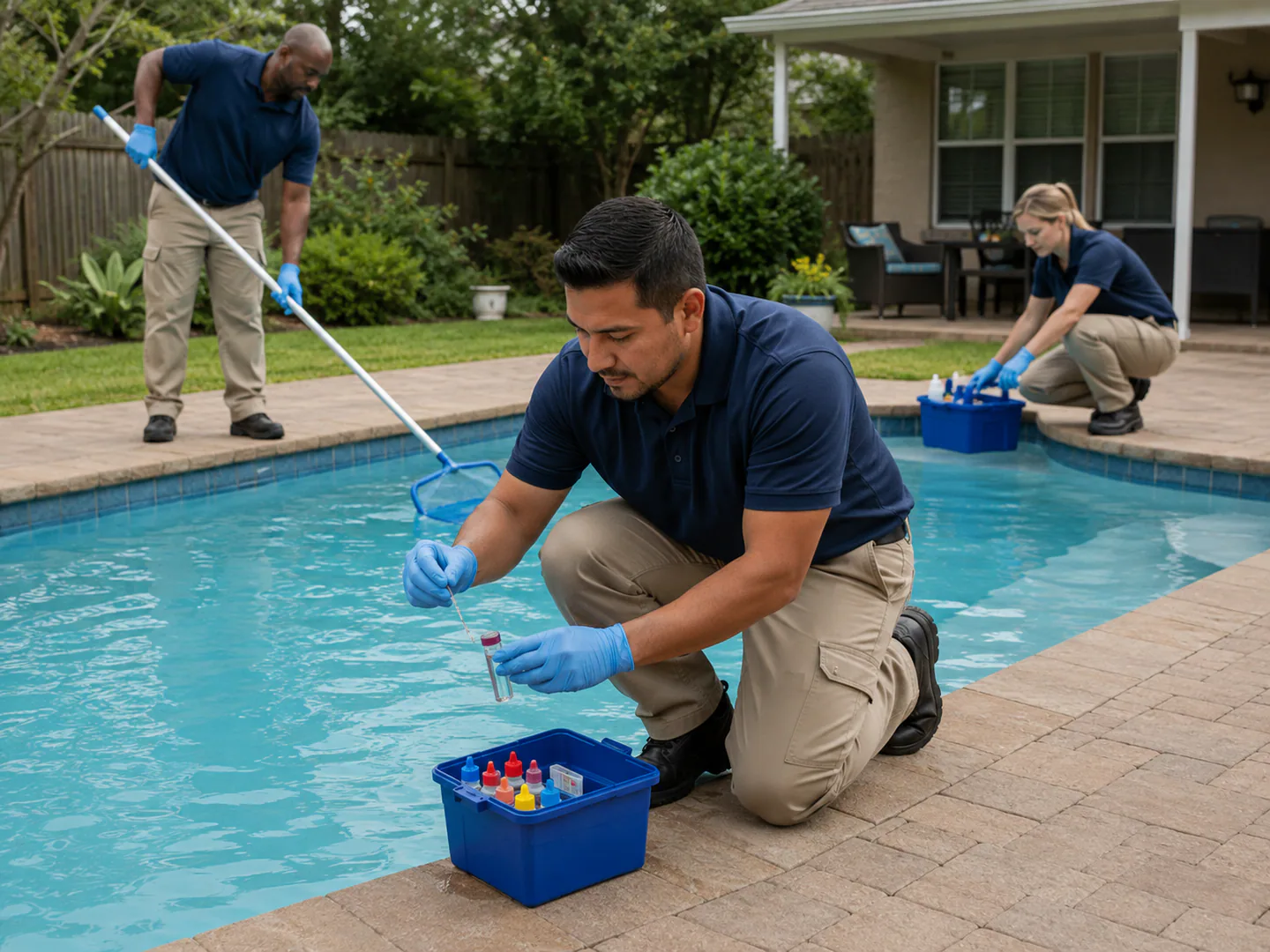 Pool service professional testing and maintaining a residential pool