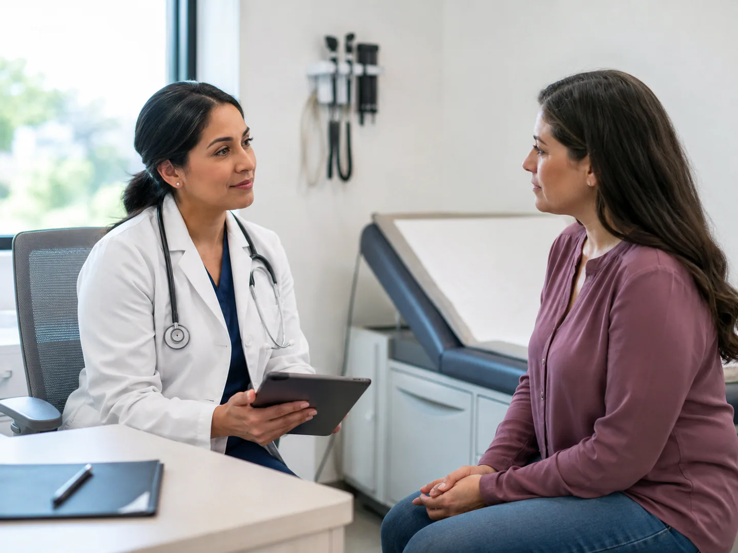 Medical practice provider meeting a patient in a warm professional room without visible PHI