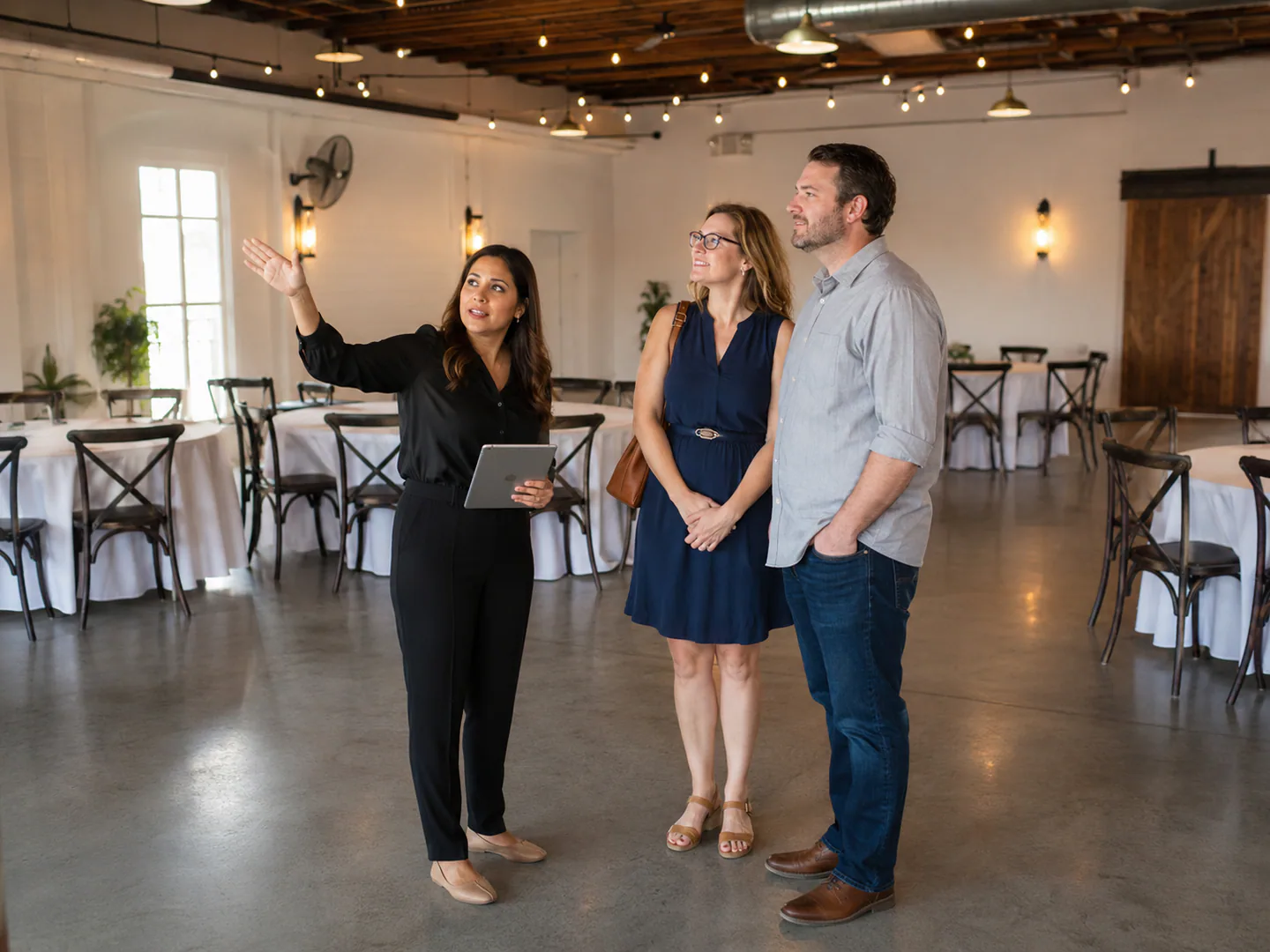 Event venue representative presenting spaces packages and capacity