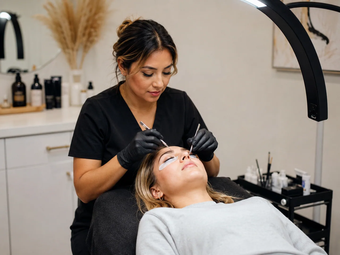 Lash professional providing a careful non-medical service in a polished studio