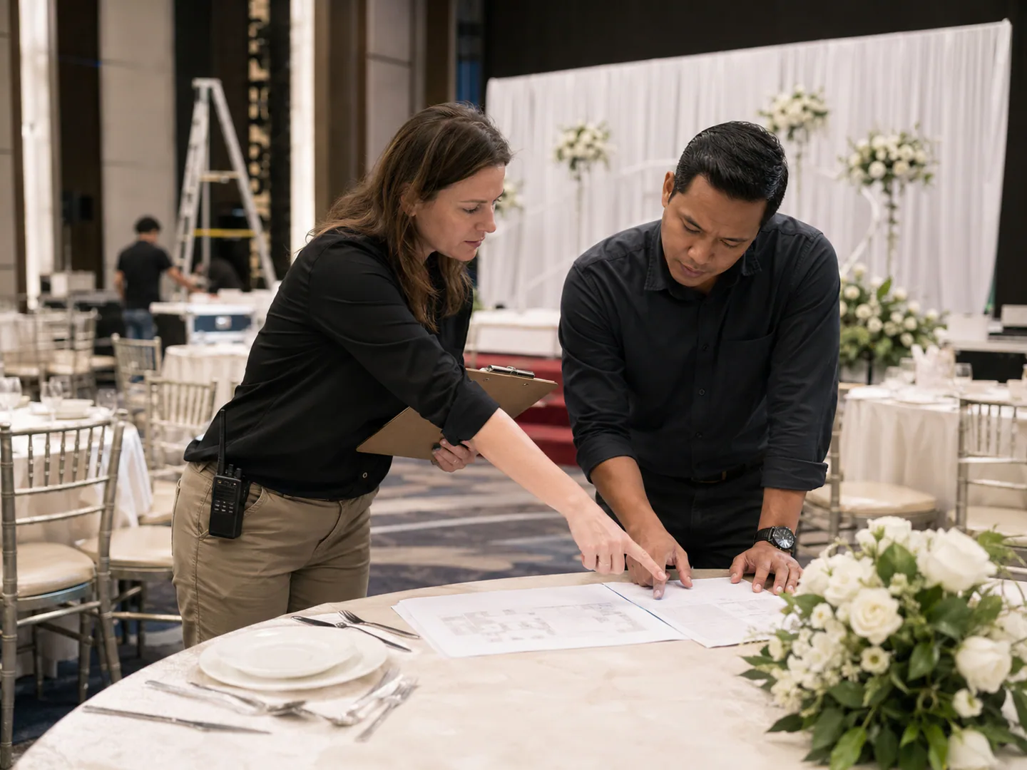 Event planner explaining scope schedule logistics and next steps to a client