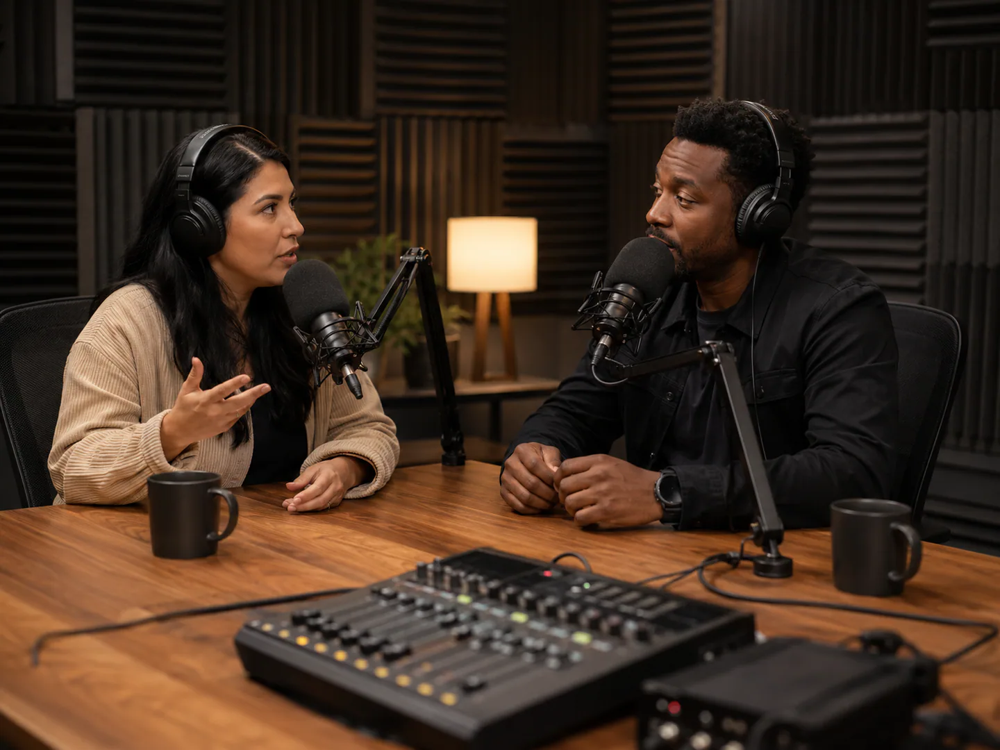 Podcast team recording a real conversation in a prepared studio