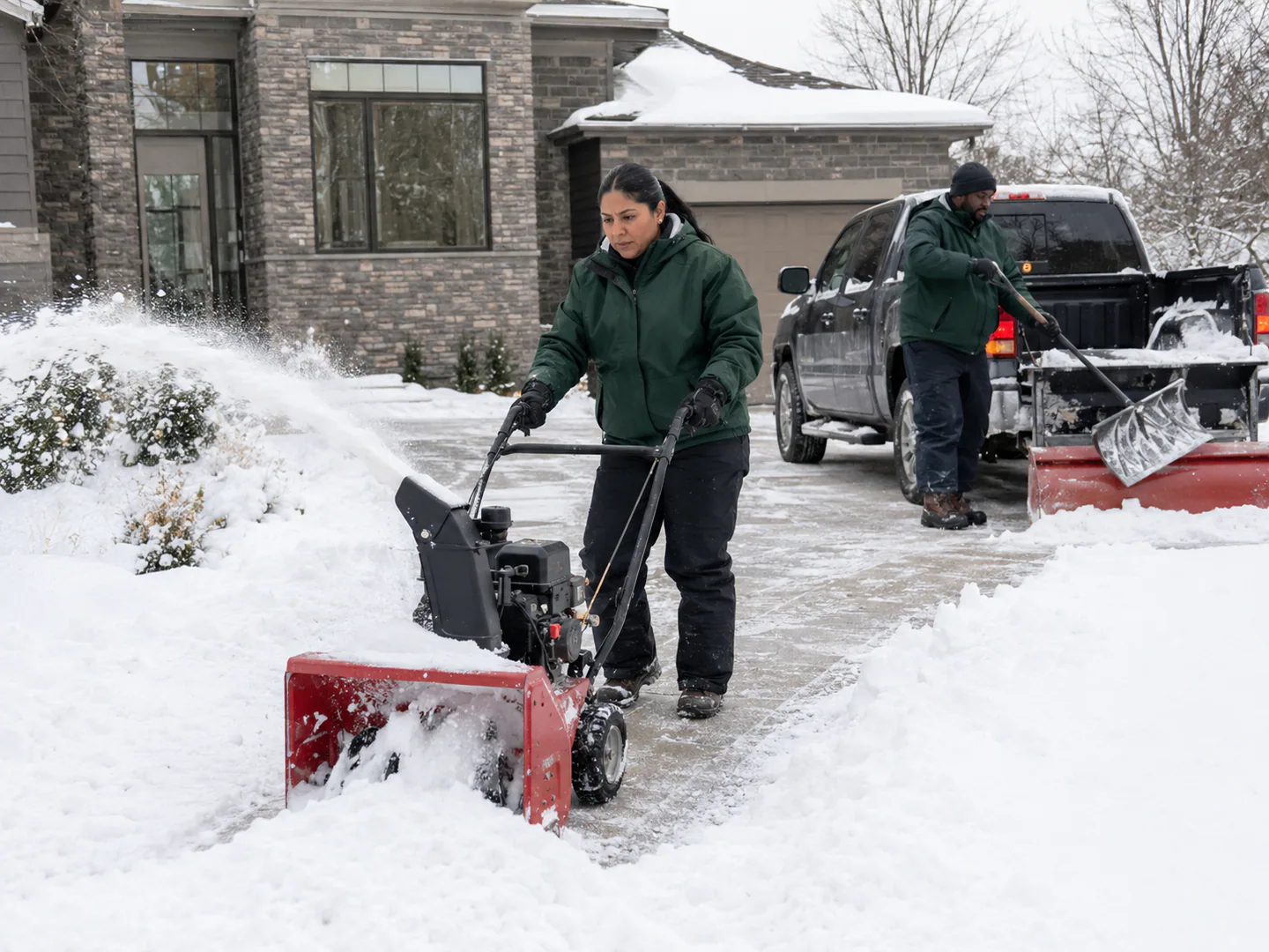 Snow removal crew clearing a residential or commercial property