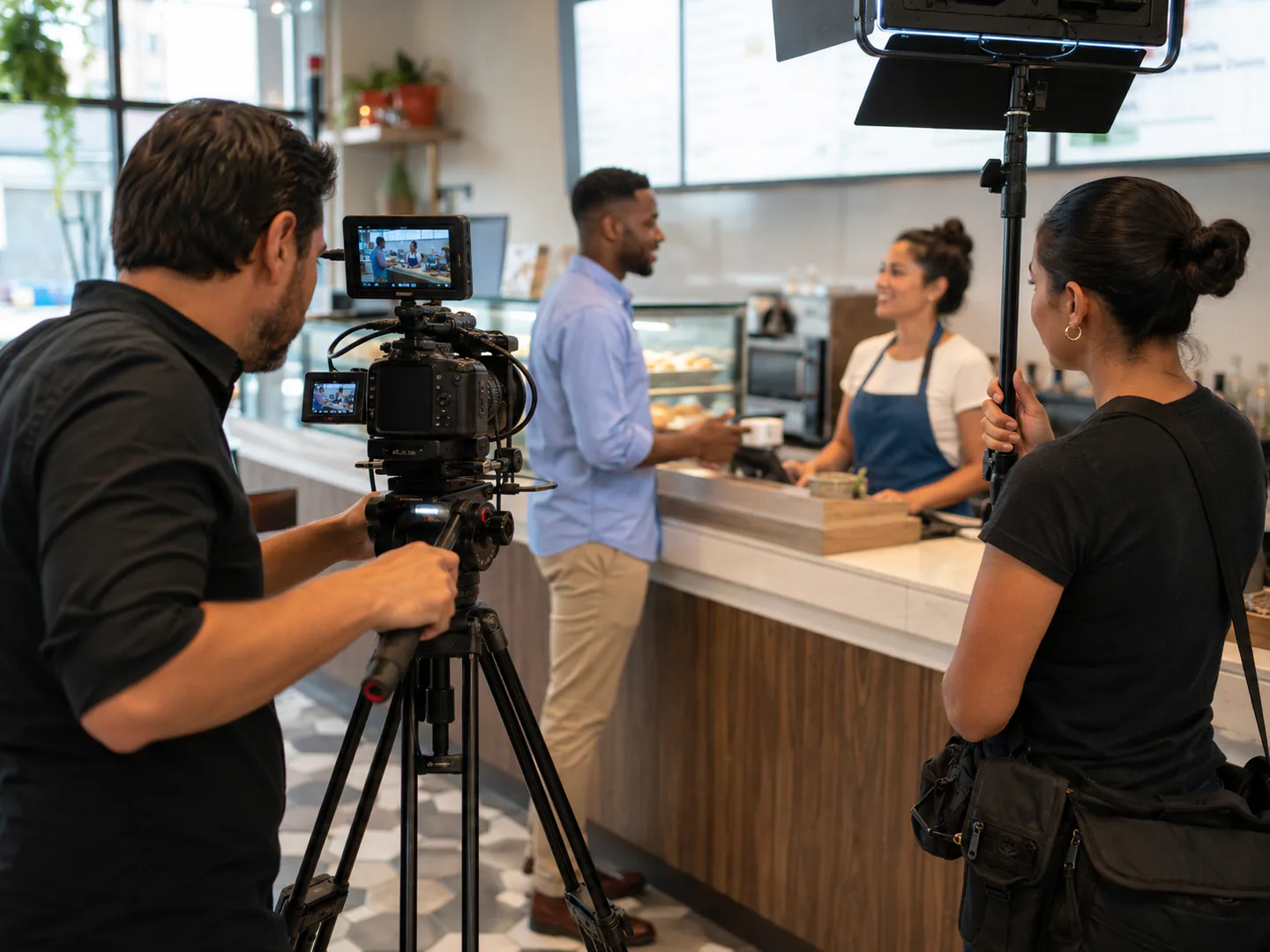 Video production professional filming a real scene with an active crew