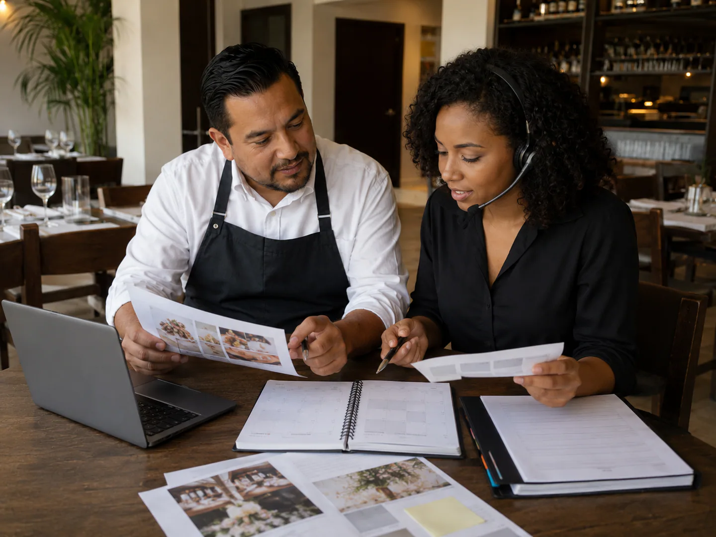 Owner organizing a menu, photographs, and business information