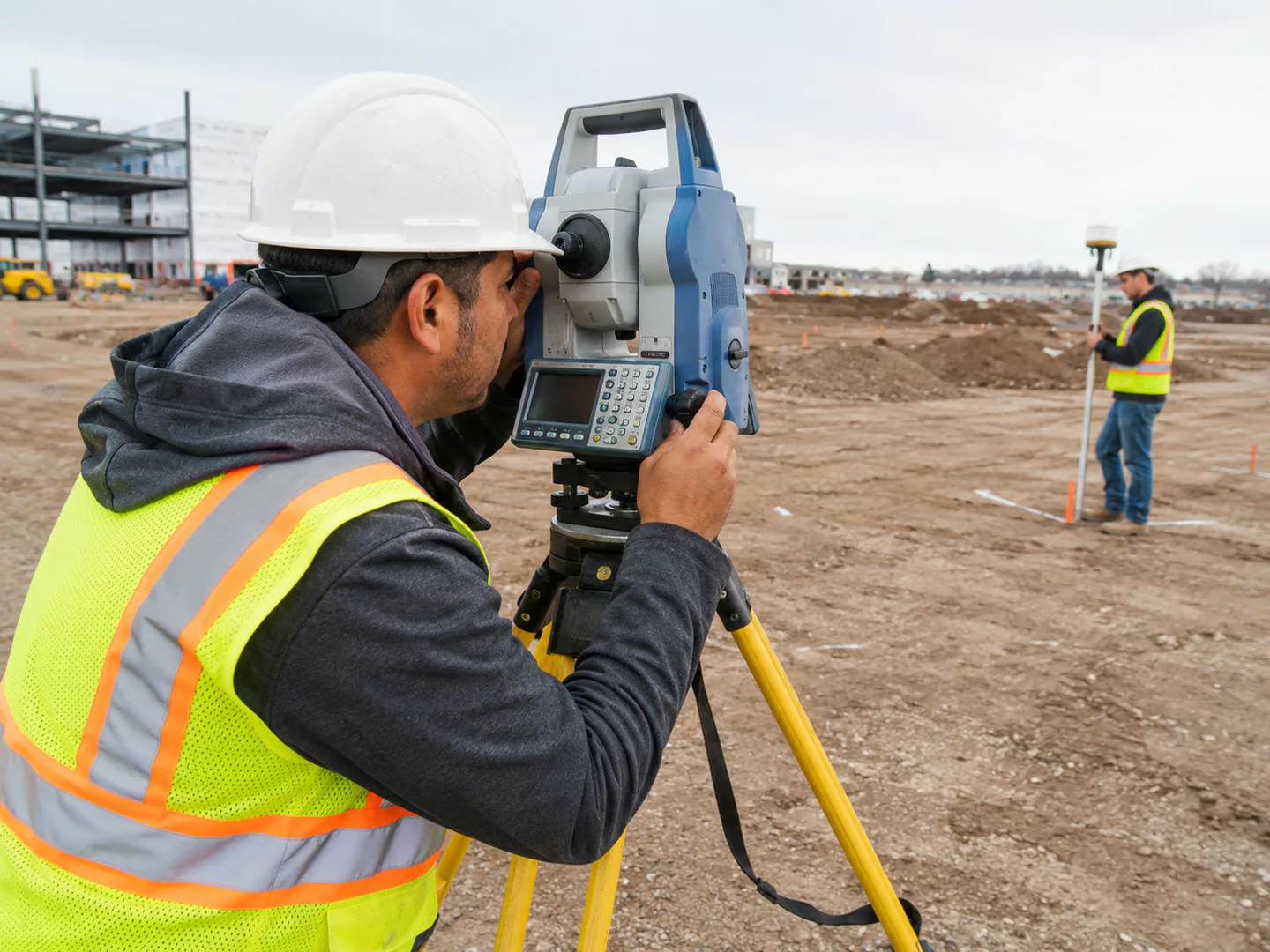 Surveying professional using field equipment on a real site