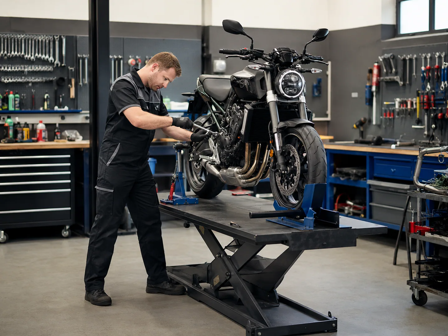 Motorcycle technician servicing a bike in a specialized shop