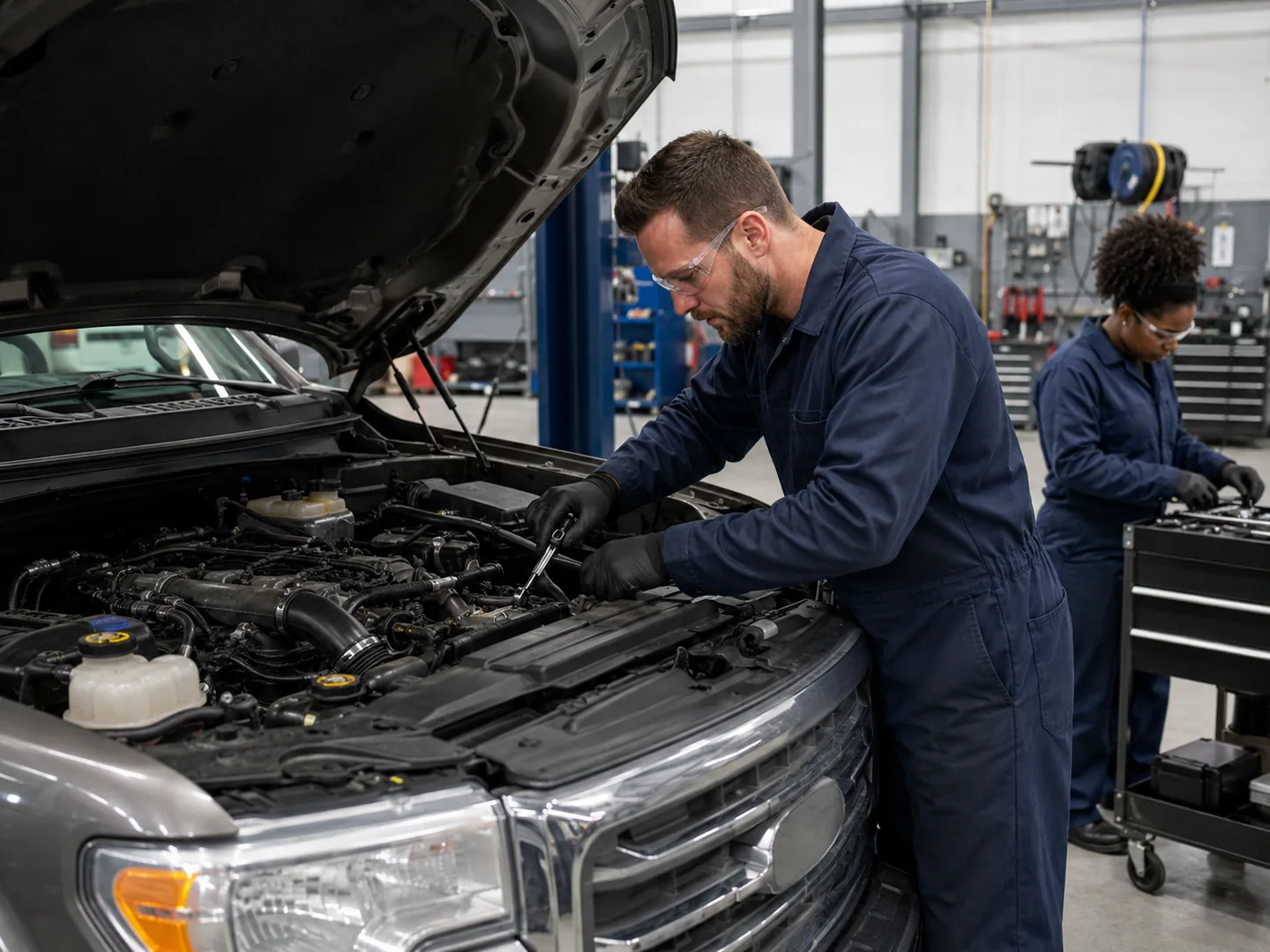 Fleet service team coordinating maintenance across several vehicles