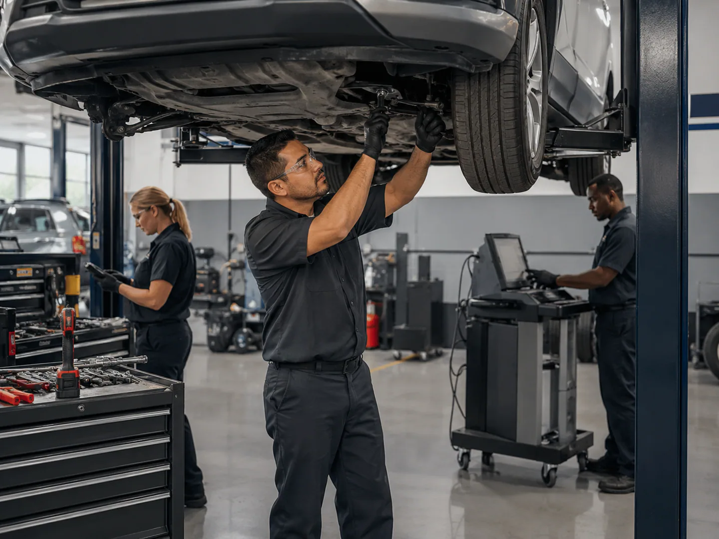 Auto repair technician inspecting a vehicle in a clean shop