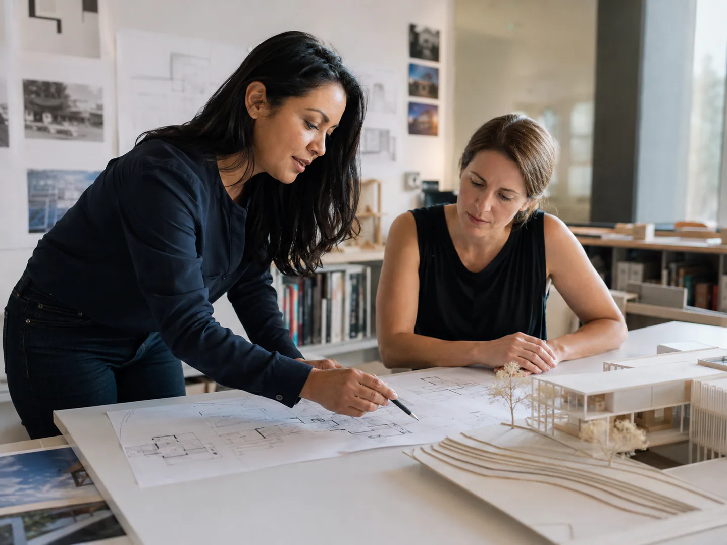 Architecture professional actively reviewing plans with a client