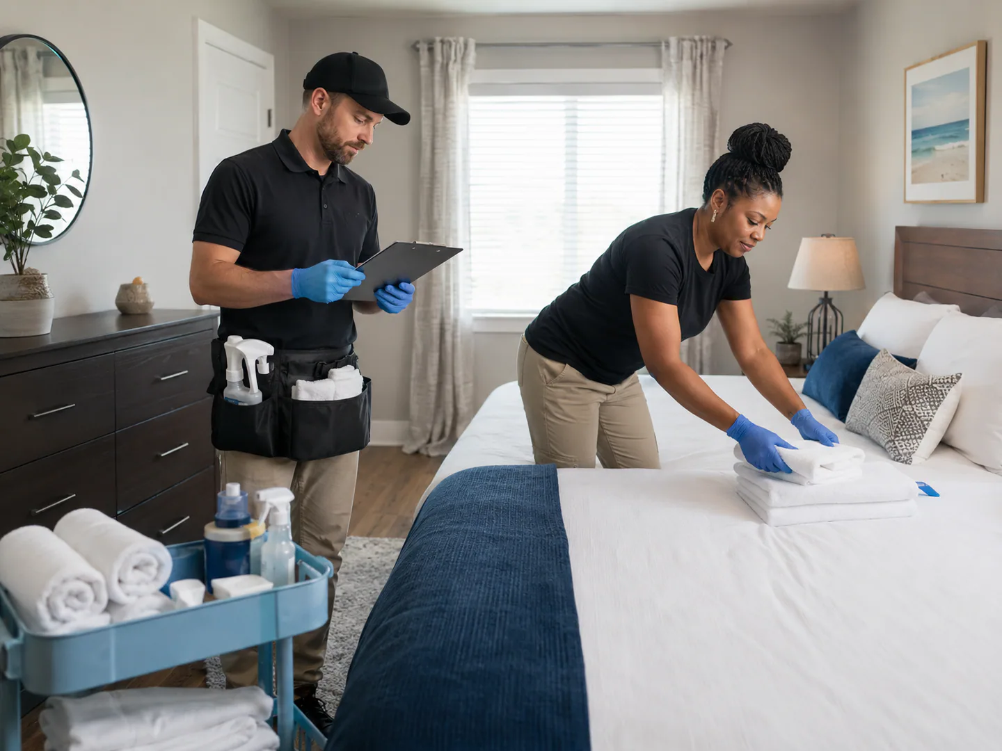 Vacation rental turnover team preparing a property between guests
