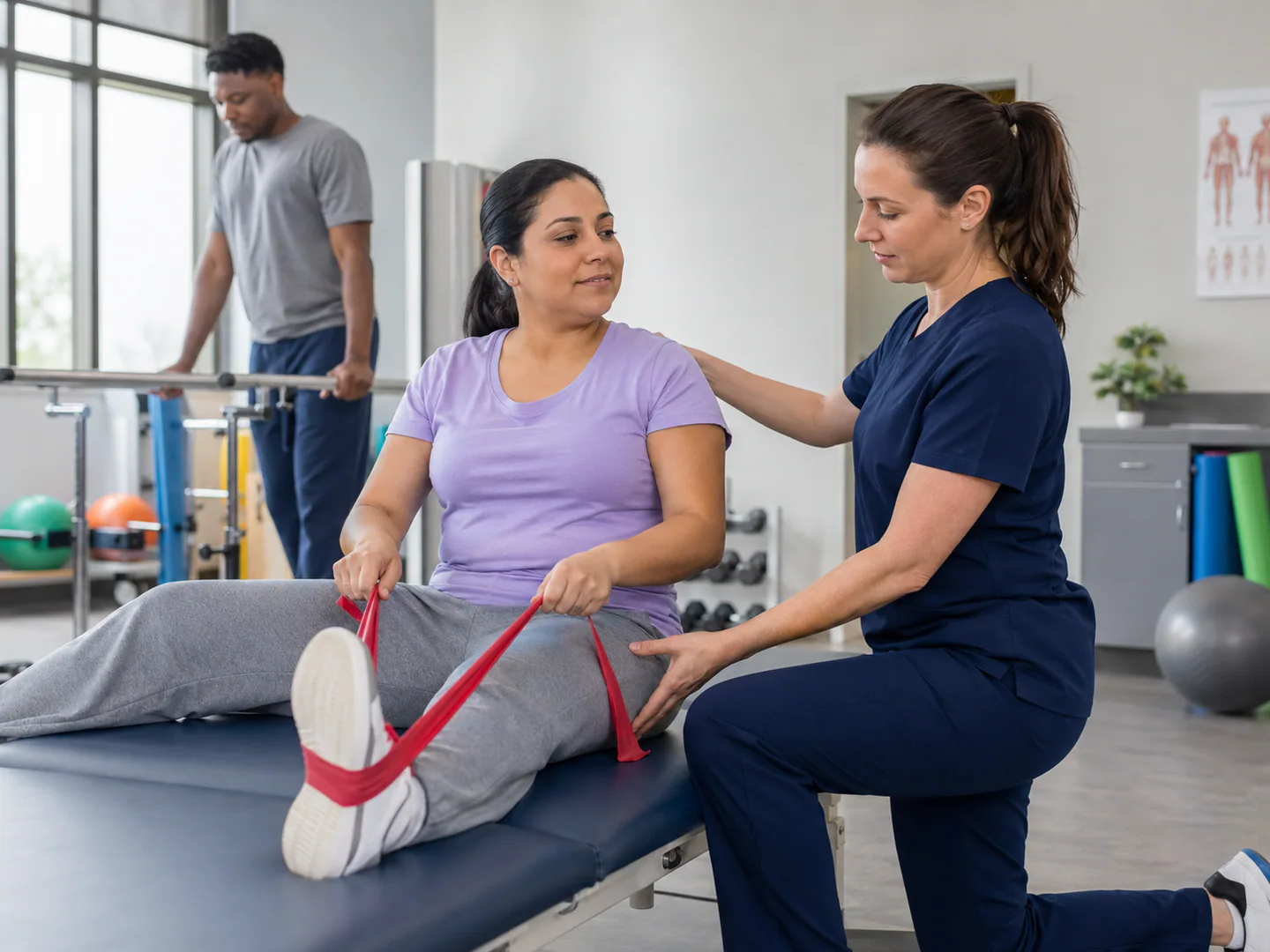 Physical therapist guiding a patient through a safe supervised movement