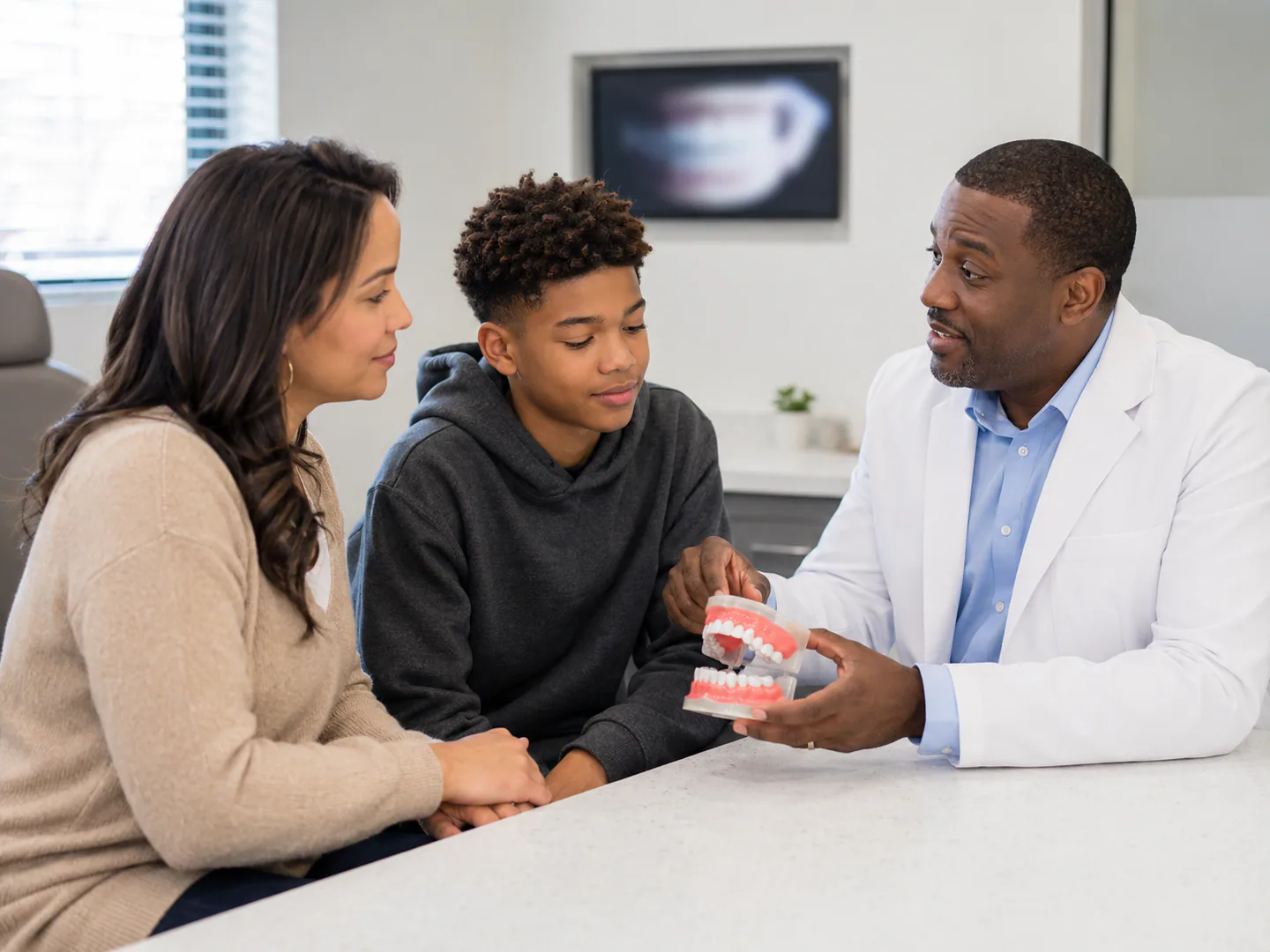 Dental team explaining general services or appointment process to a patient