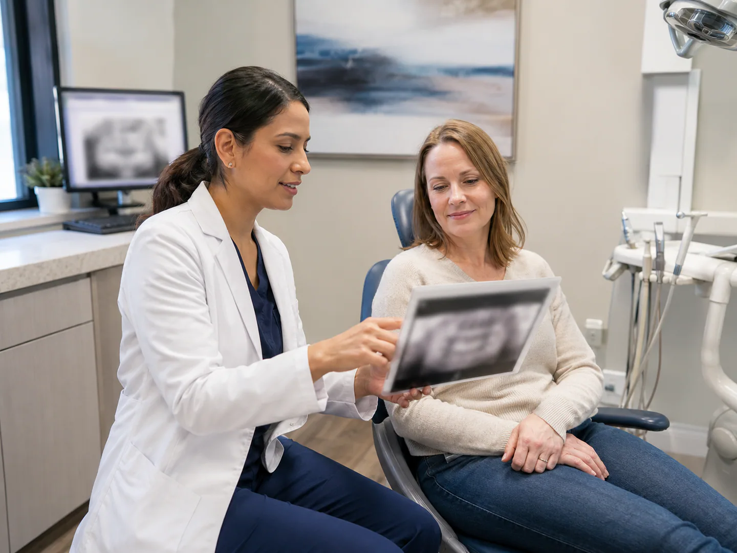Orthodontic professional reviewing a general treatment presentation with a patient or parent