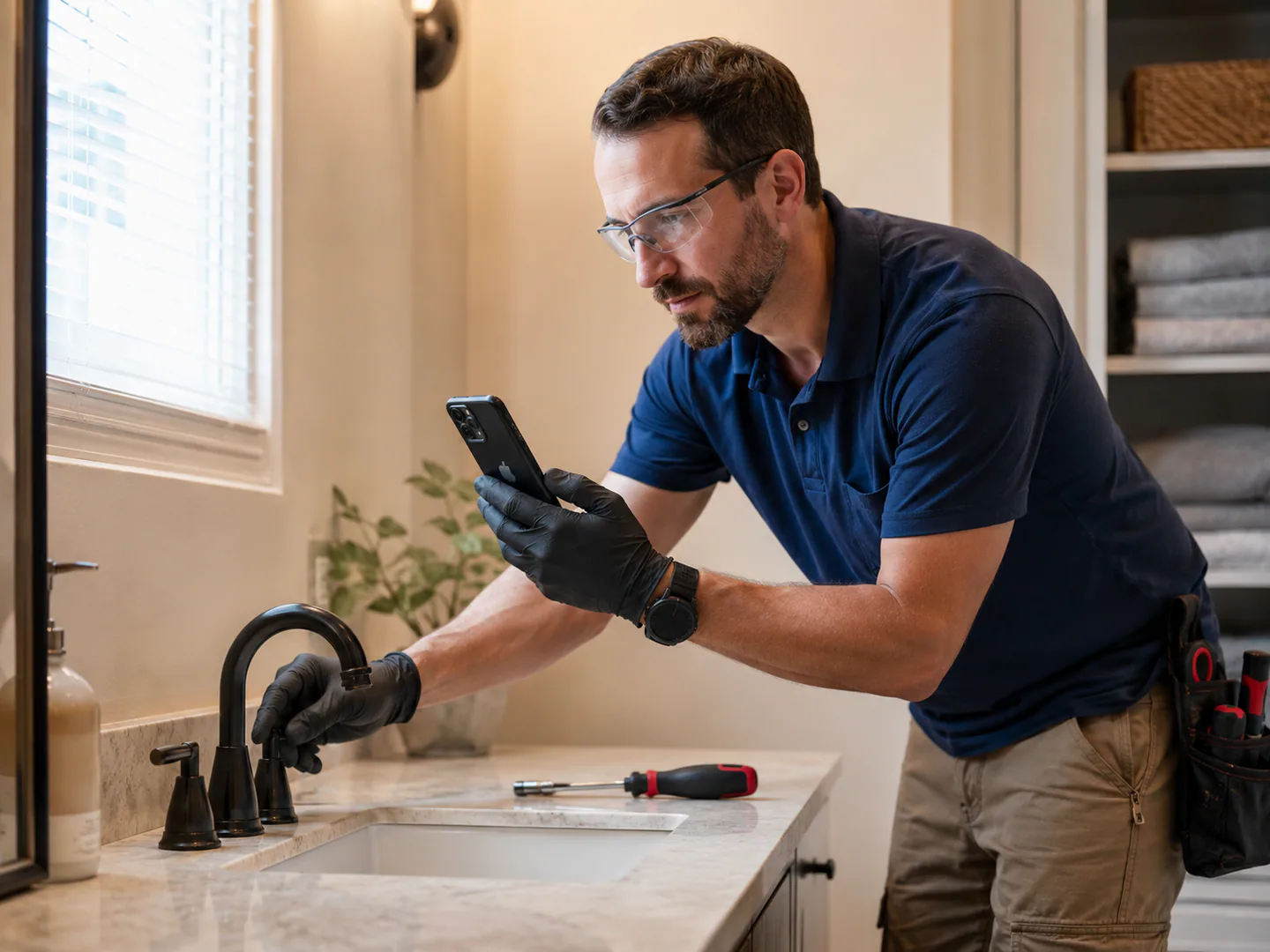 Property maintenance professional documenting and coordinating a service visit