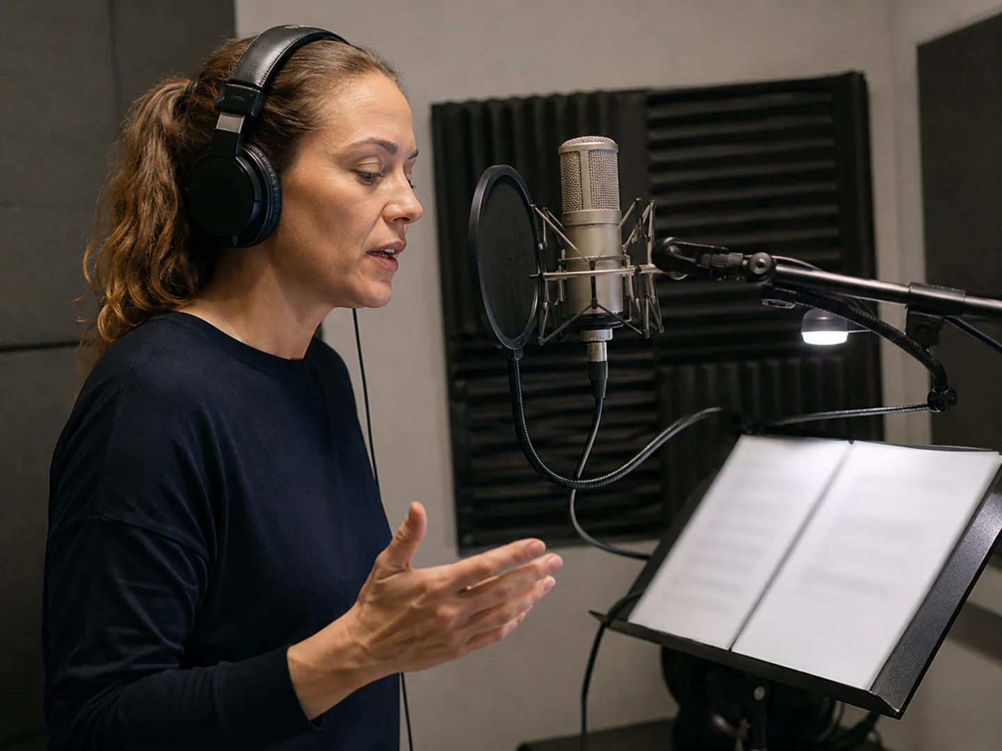 Voiceover professional recording in a real audio booth or studio