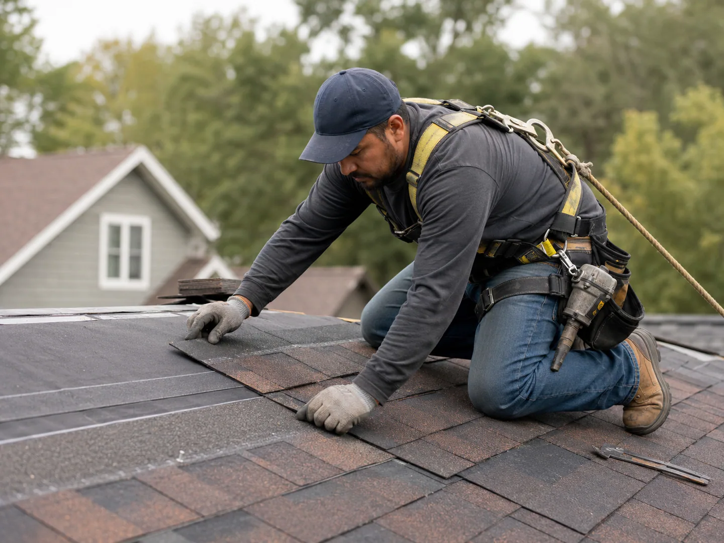 Roofing crew working on a residential roof