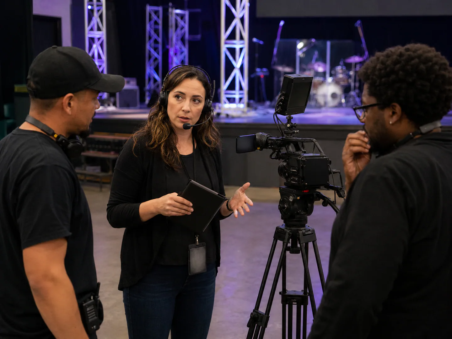Live production coordinator communicating with crew at an active event