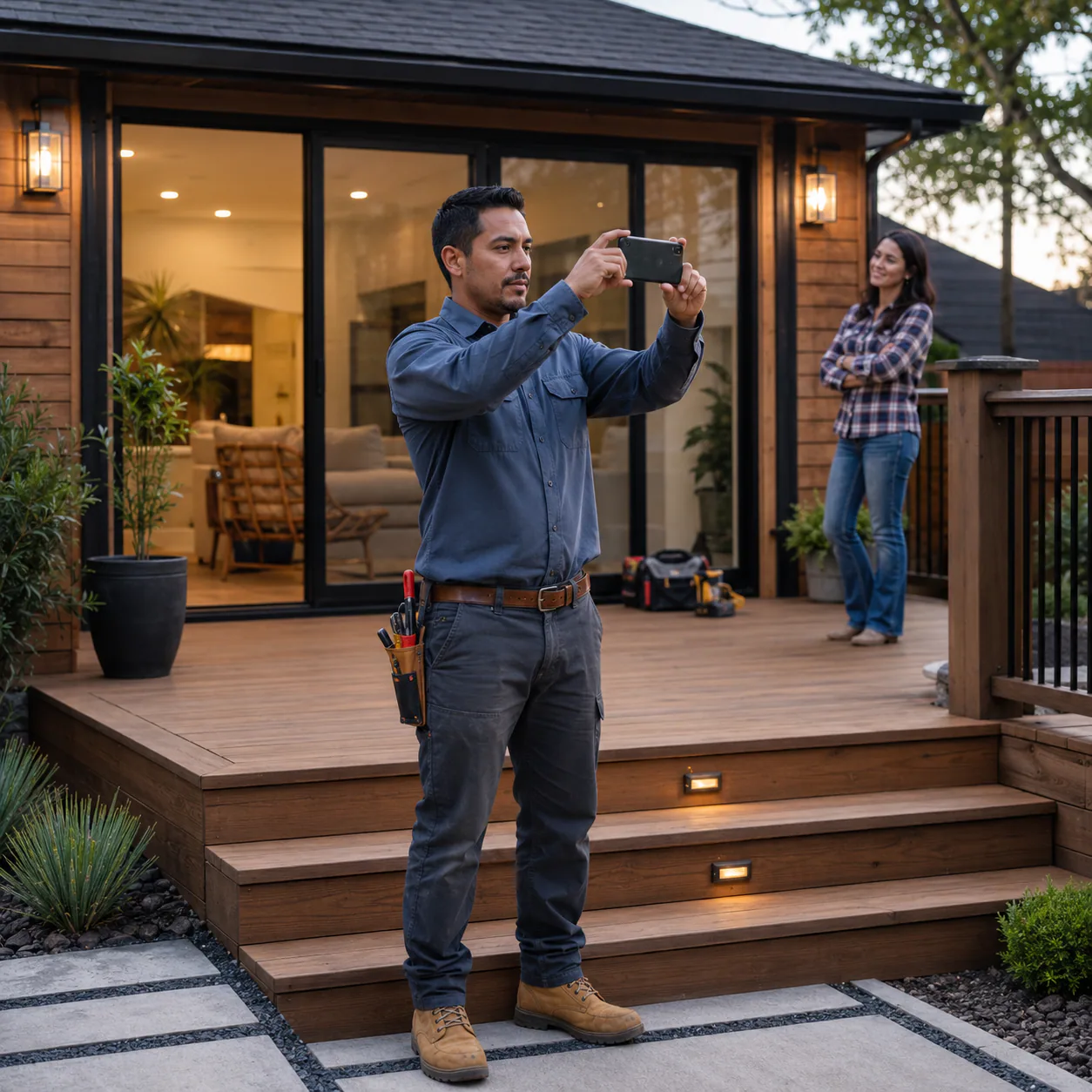 Business team documenting a completed real service with a phone or camera