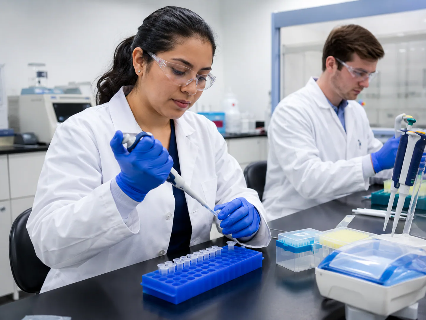 Laboratory team working in a controlled professional environment without readable samples or patient identifiers
