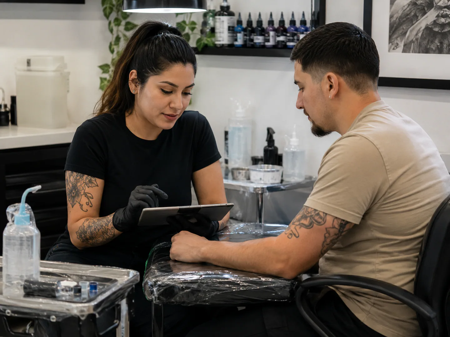 Tattoo artist preparing a clean professional station and consulting with an adult client