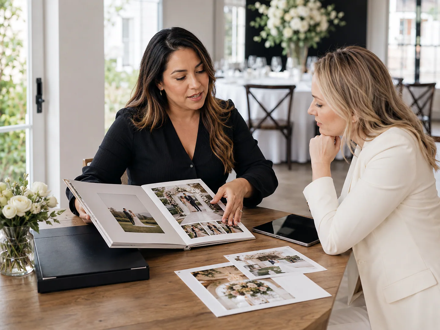 Wedding vendor presenting package gallery date and next steps to a couple