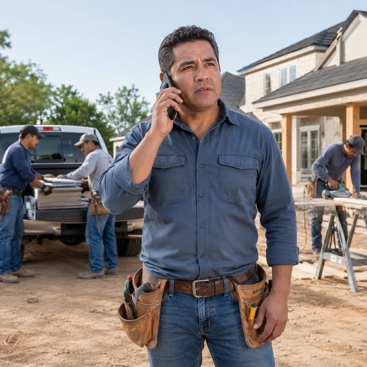 Construction business receiving a new inquiry while the field team continues working