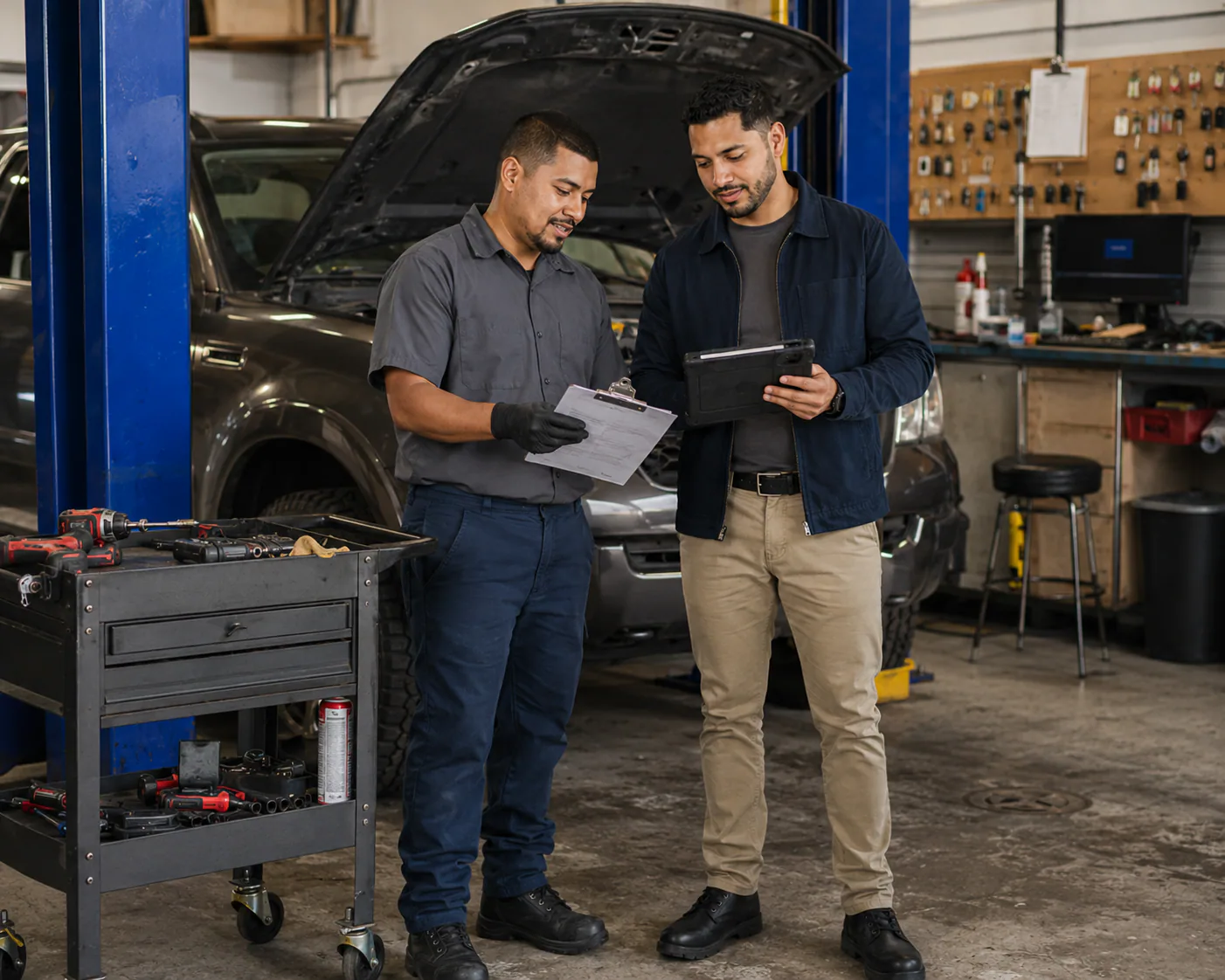Dale Works reviewing customer and job flow with the owner of an automotive repair shop