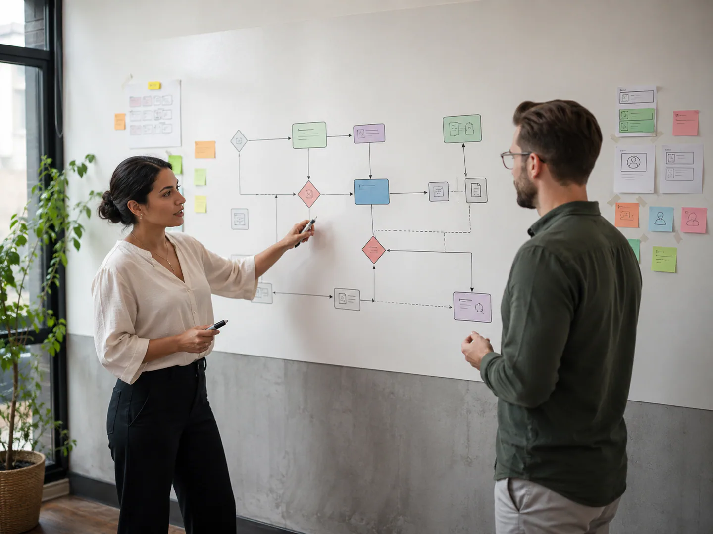 Automation consultant mapping a workflow with triggers handoffs and exception paths
