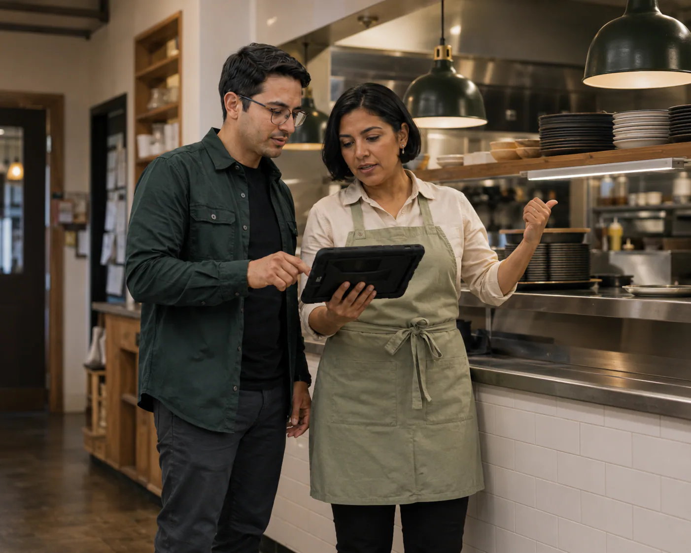 Dale Works probando una aplicación de operación hecha a medida con la gerente de un restaurante