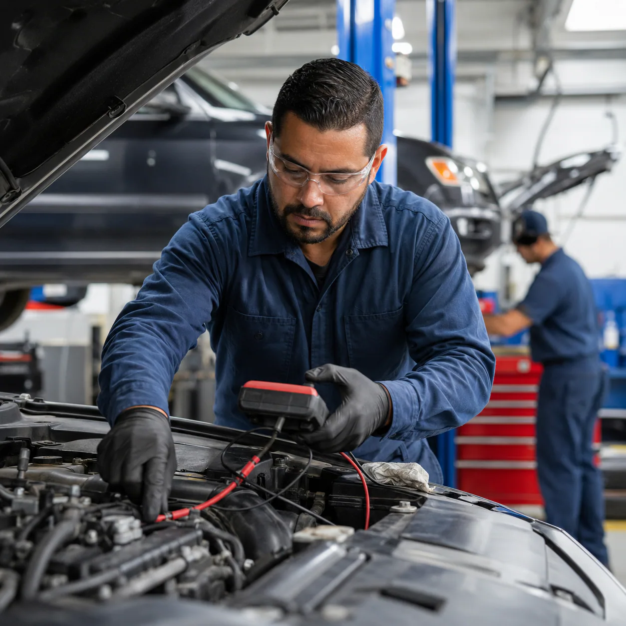 Automotive repair professional inspecting a vehicle