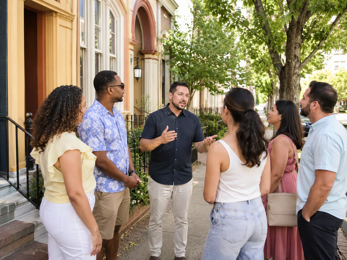 Tour operator coordinating a group experience and meeting point