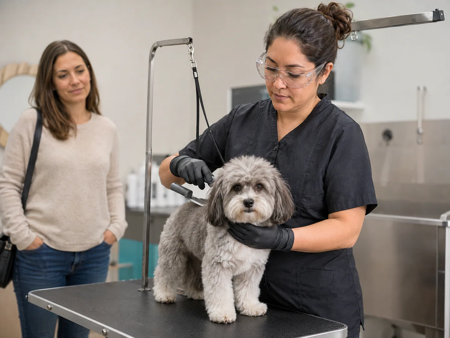 Pet care professional actively grooming an animal