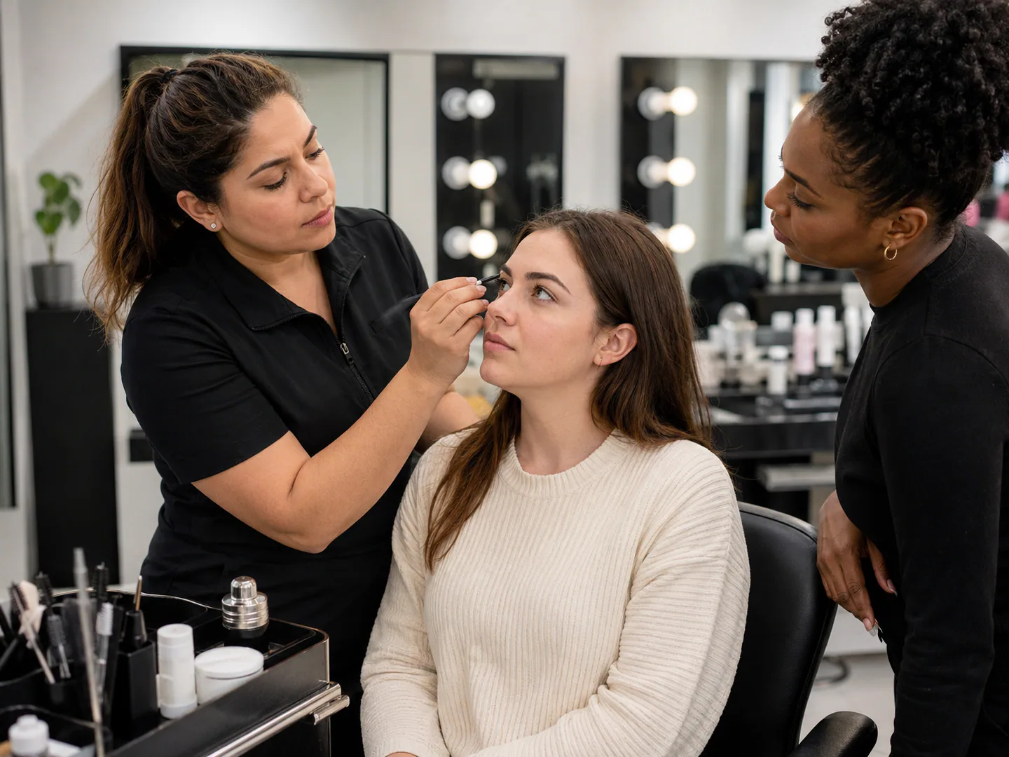 Brow professional consulting with a client before an approved service
