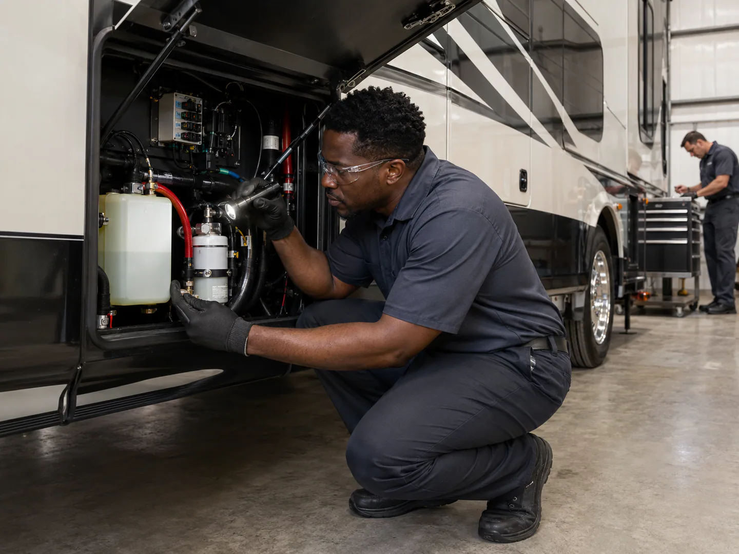 Diesel technician inspecting a truck or diesel engine