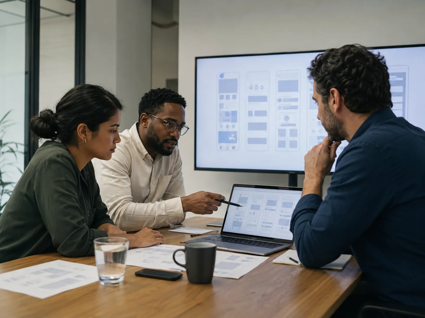 Web development team explaining site architecture and scope to a client