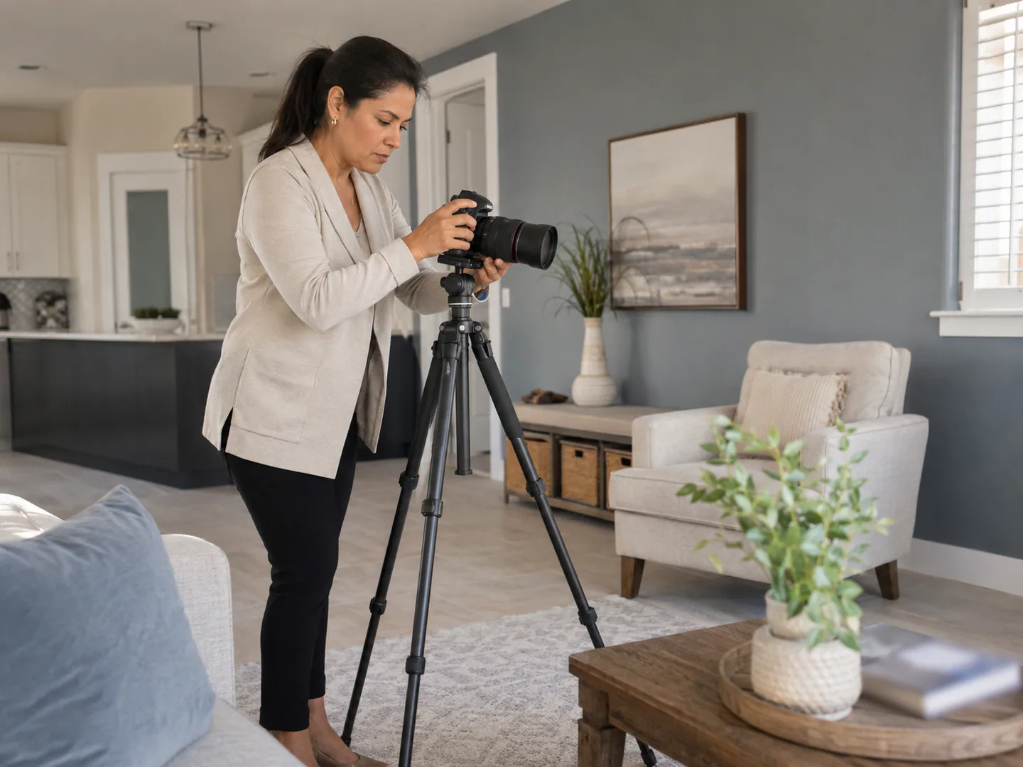 Real estate professional preparing a property presentation
